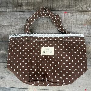 Insulated Lunch Bag Handmado Tote Shoulder Polka Dot Brown White